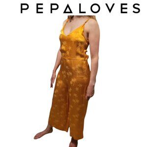 Golden Palm Print Sleeveless Jumpsuit Pepaloves Summer Tropical Lounge Size S